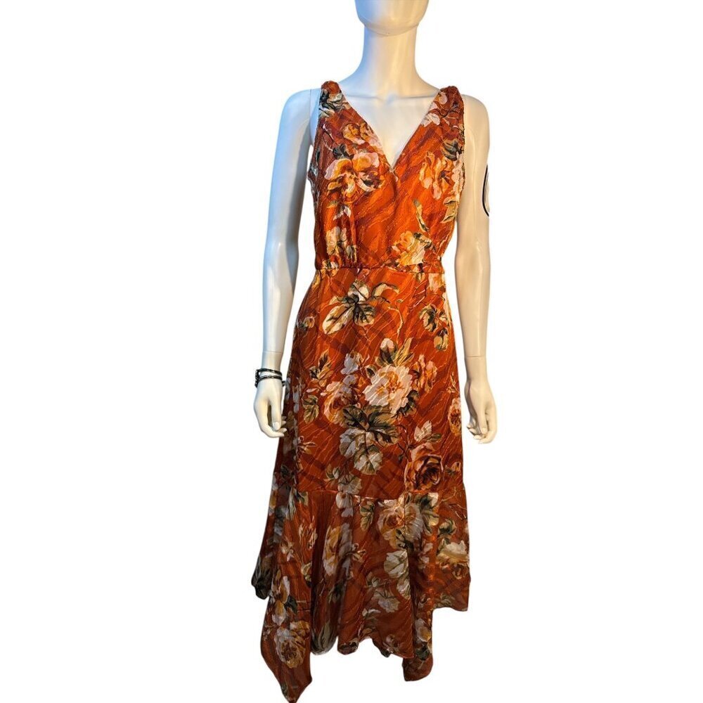 White House Black Market Orange Floral  Midi Dress With Ruffle Hem  Size M NWT